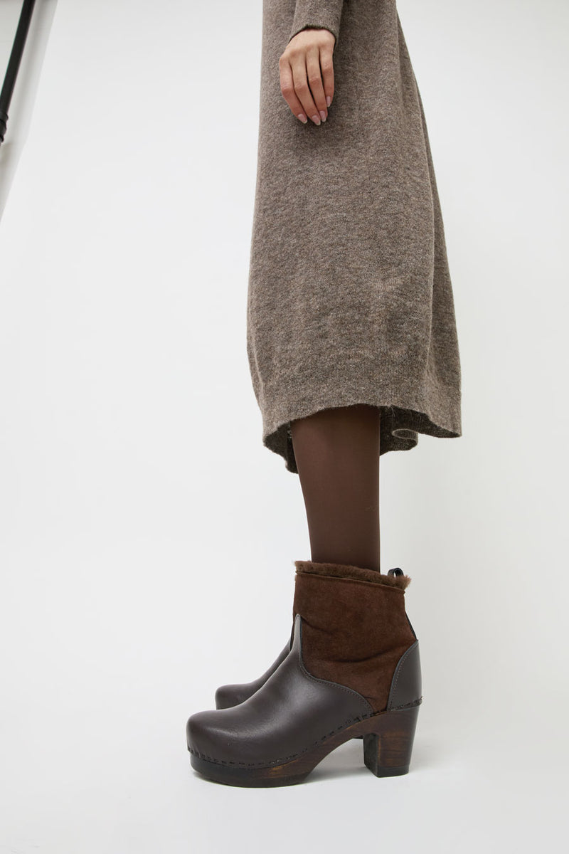 No.6 5" Pull on Shearling Clog Boot on High Heel in Umber on Cocoa Base