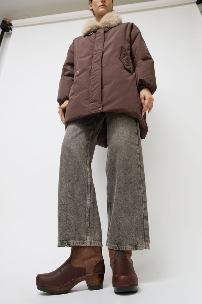 No.6 5" Pull on Shearling Clog Boot on Mid Heel in Molasses and Russet on Cocoa Base