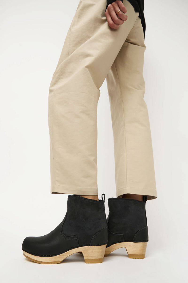 No.6 5" Pull on Shearling Clog Boot on Mid Heel in Black Suede