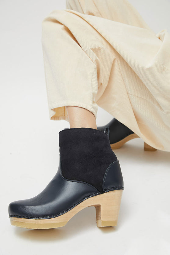 No.6 5 Pull on Shearling Clog Boot on High Heel in Navy and Night No.6 Store