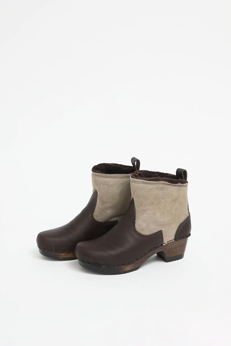 No.6 5" Pull on Shearling Clog Boot on Mid Heel in Spice and Fudge on Cocoa Base
