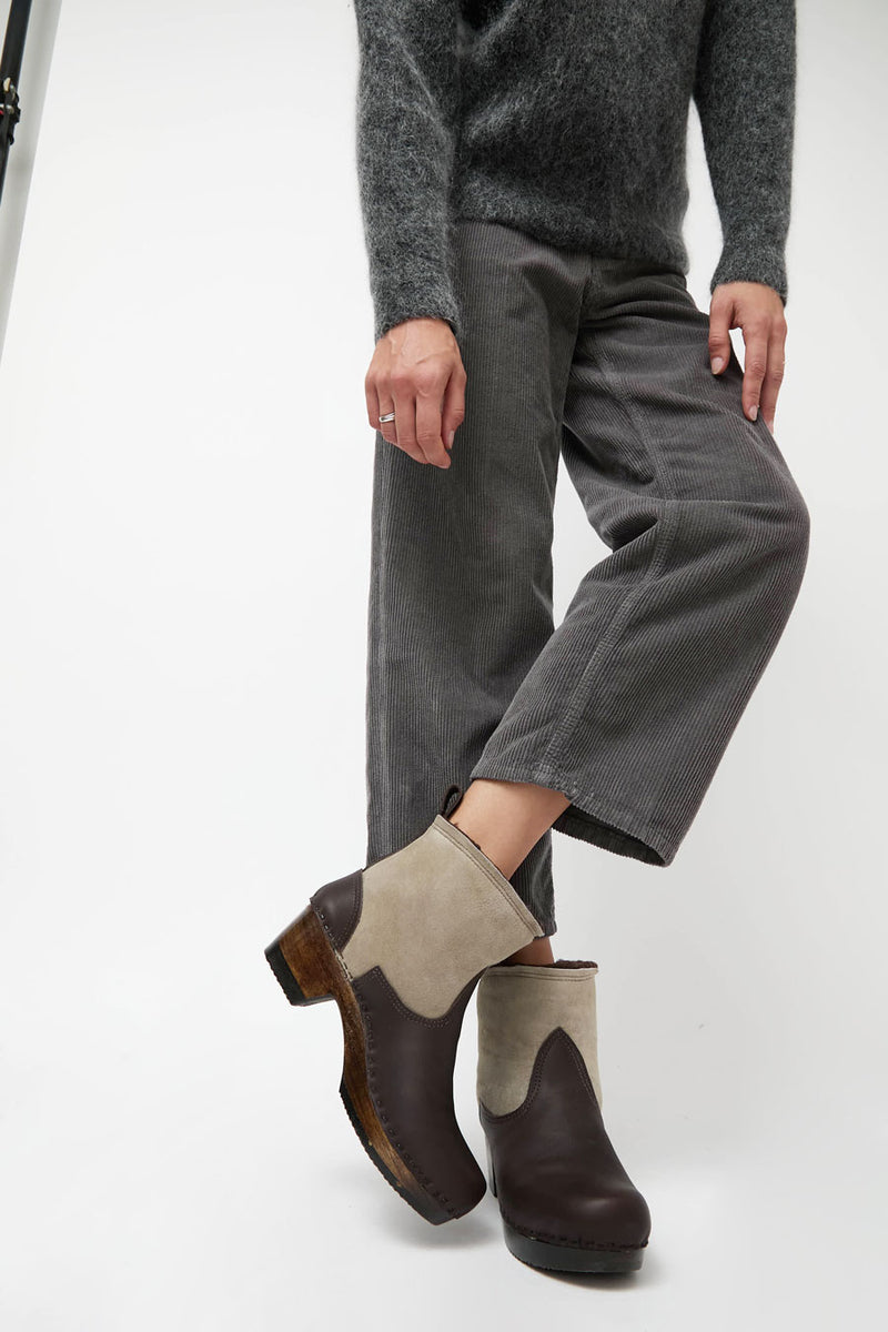 No.6 5" Pull on Shearling Clog Boot on Mid Heel in Spice and Fudge on Cocoa Base