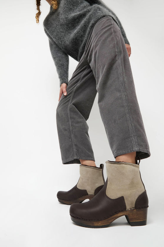 No.6 5" Pull on Shearling Clog Boot on Mid Heel in Spice and Fudge on Cocoa Base