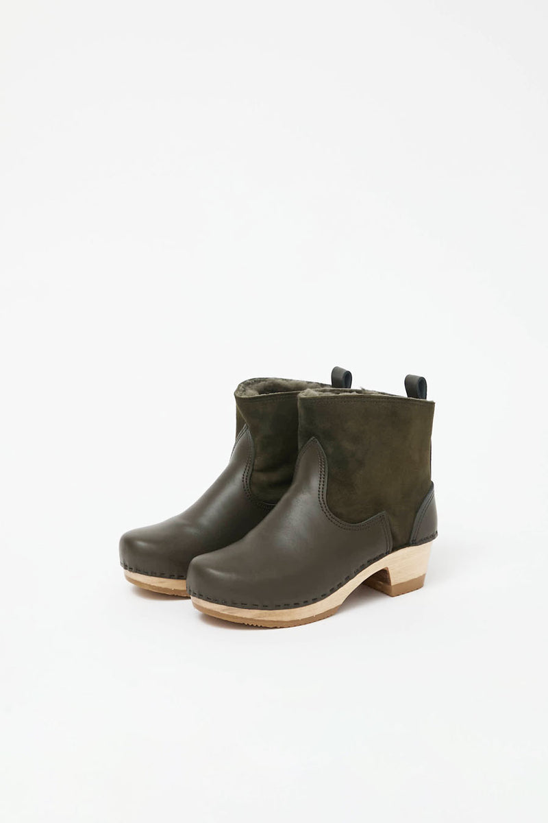 No.6 5" Pull on Shearling Clog Boot on Mid Heel in Olive