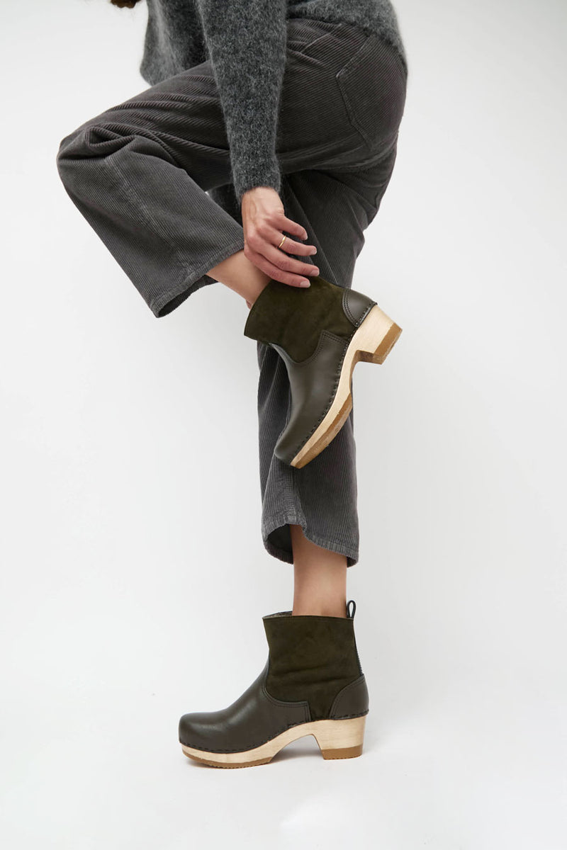 No.6 5" Pull on Shearling Clog Boot on Mid Heel in Olive