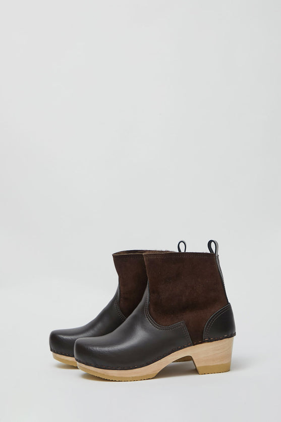 No.6 5 Pull on Shearling Clog Boot on Mid Heel in Umber No.6 Store