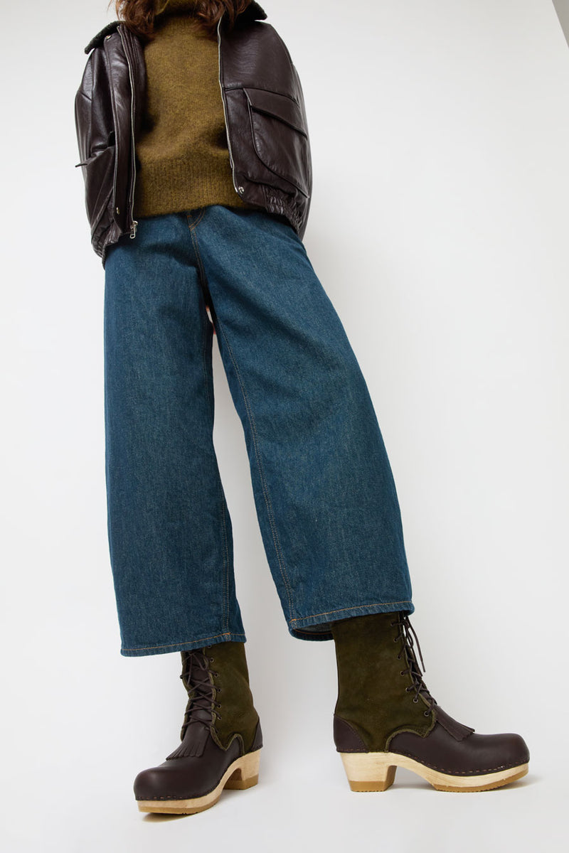 No.6 8" Lace Up Clog Boot with Kiltie on Mid Heel in Fudge and Olive