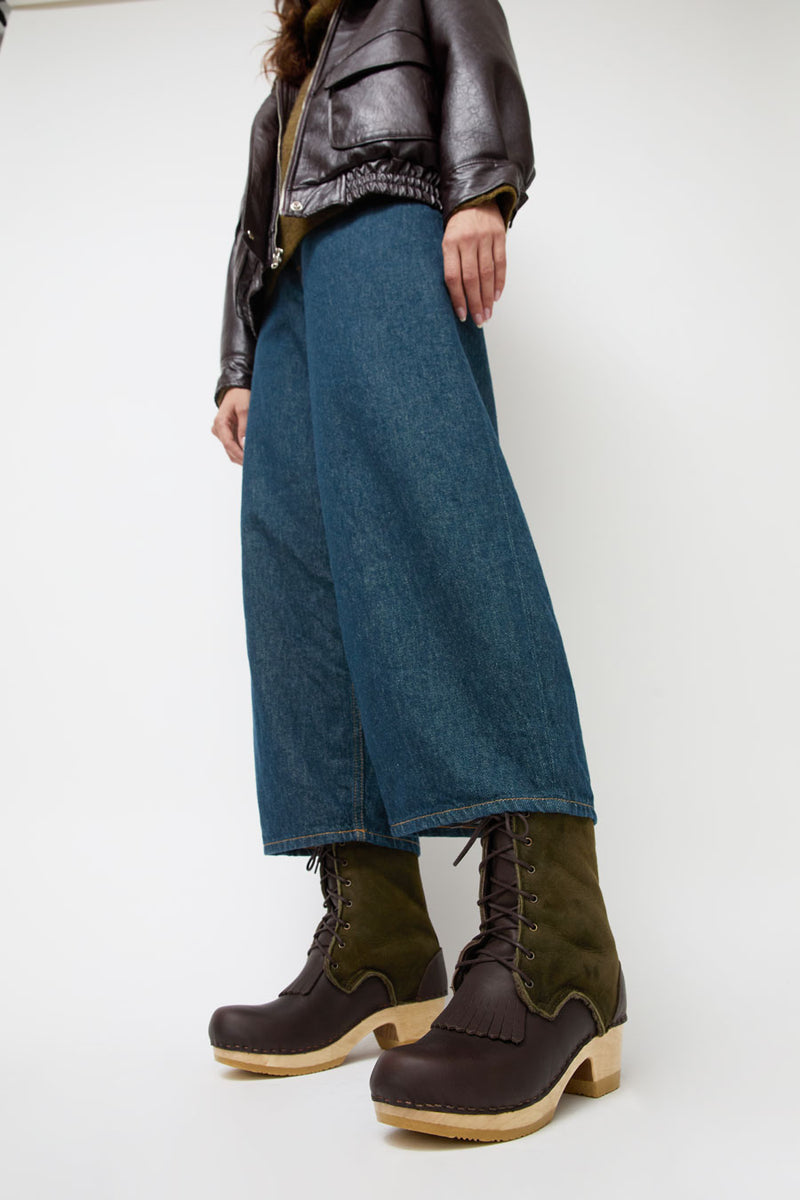 No.6 8" Lace Up Clog Boot with Kiltie on Mid Heel in Fudge and Olive