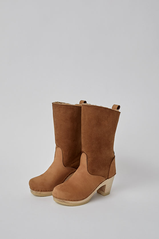 No.6 9" Pull On Shearling Clog Boot on High Heel in Copper