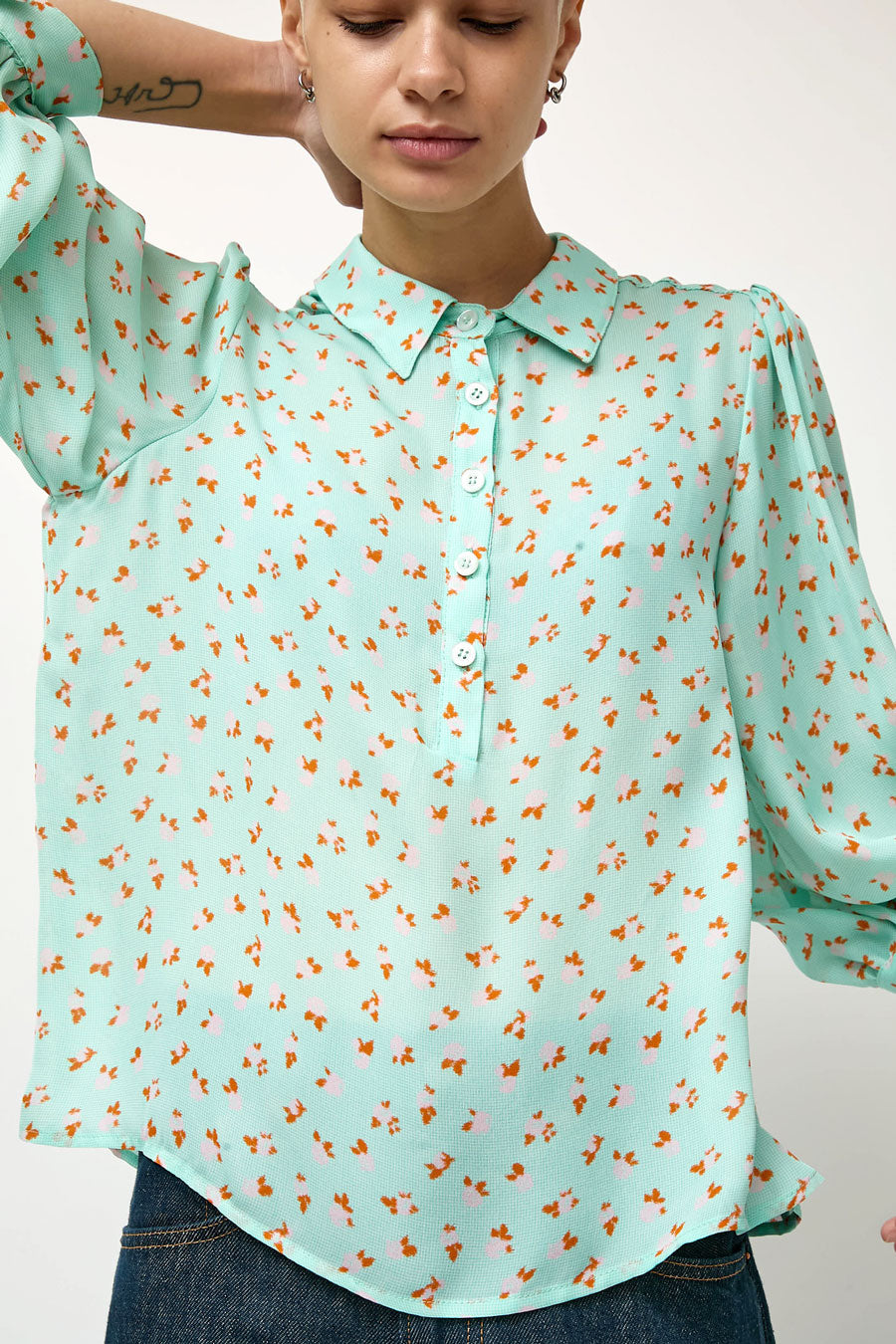 No.6 Alfie Top in Mint Gingham with Pink Flowers