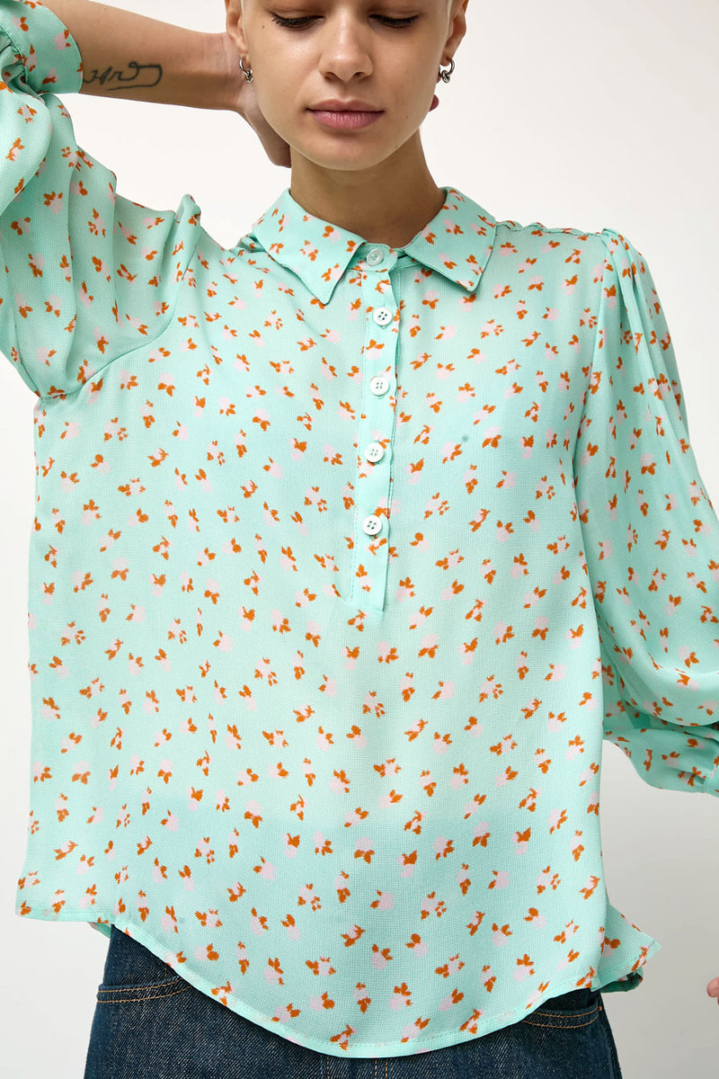No.6 Alfie Top in Mint Gingham with Pink Flowers