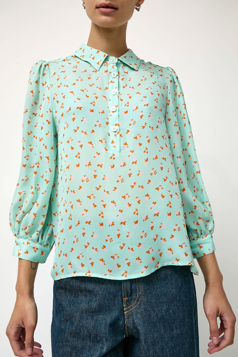 No.6 Alfie Top in Mint Gingham with Pink Flowers