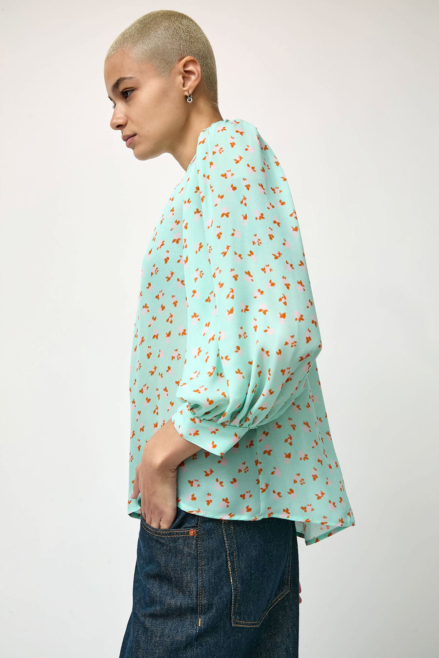 No.6 Alfie Top in Mint Gingham with Pink Flowers