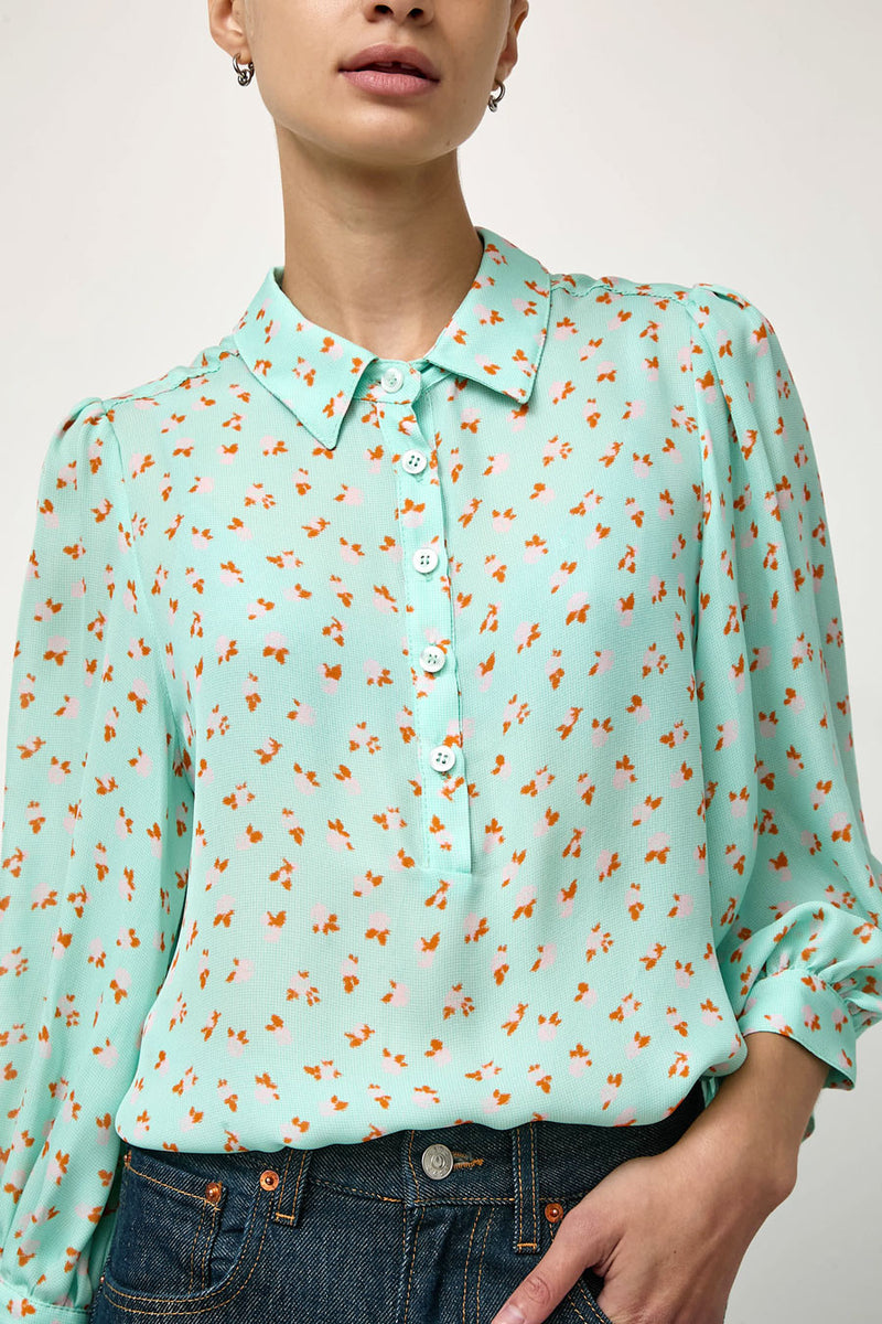 No.6 Alfie Top in Mint Gingham with Pink Flowers