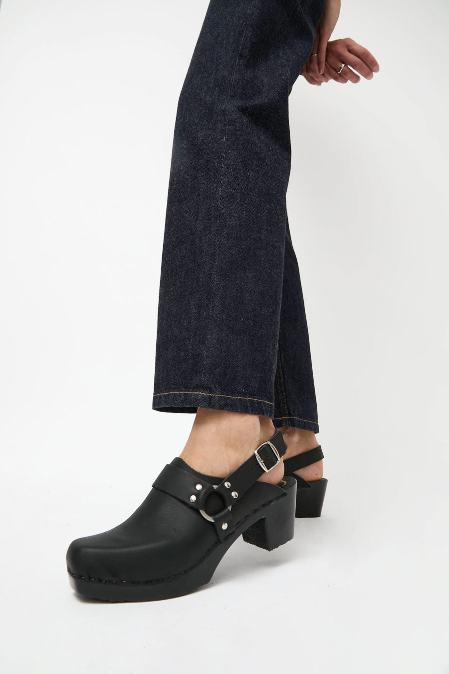 No.6 Arlo Clog on Square Toe Mid Heel in Black on Black Base