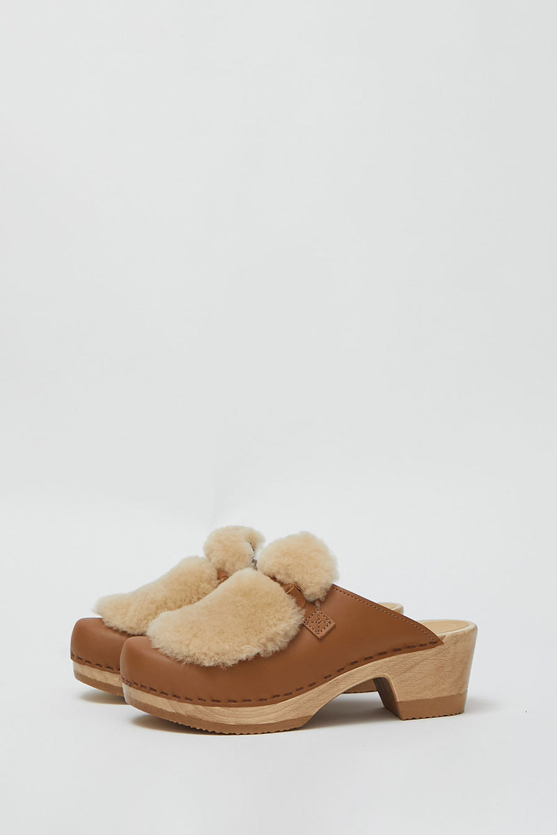 No.6 Billie Fur Clog on Mid Heel in Palomino