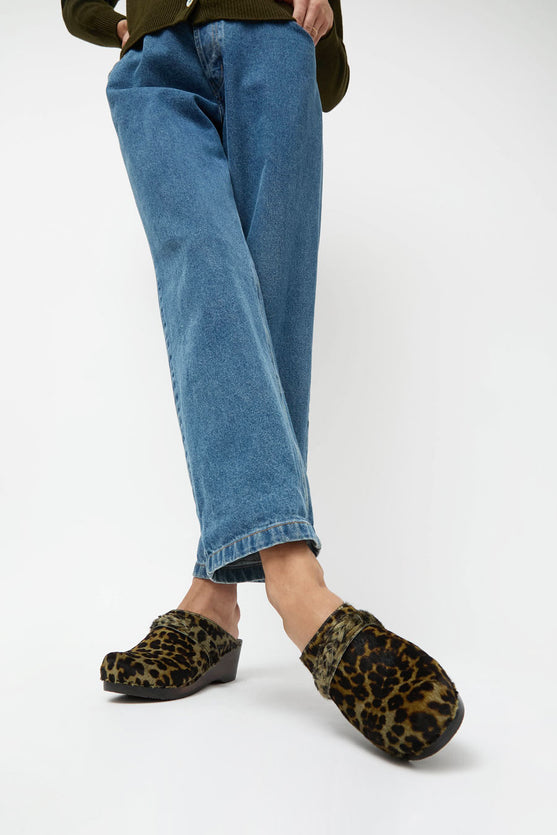 No.6 Bridget Clog on Mid Wedge in Leopard Pony on Cocoa Base