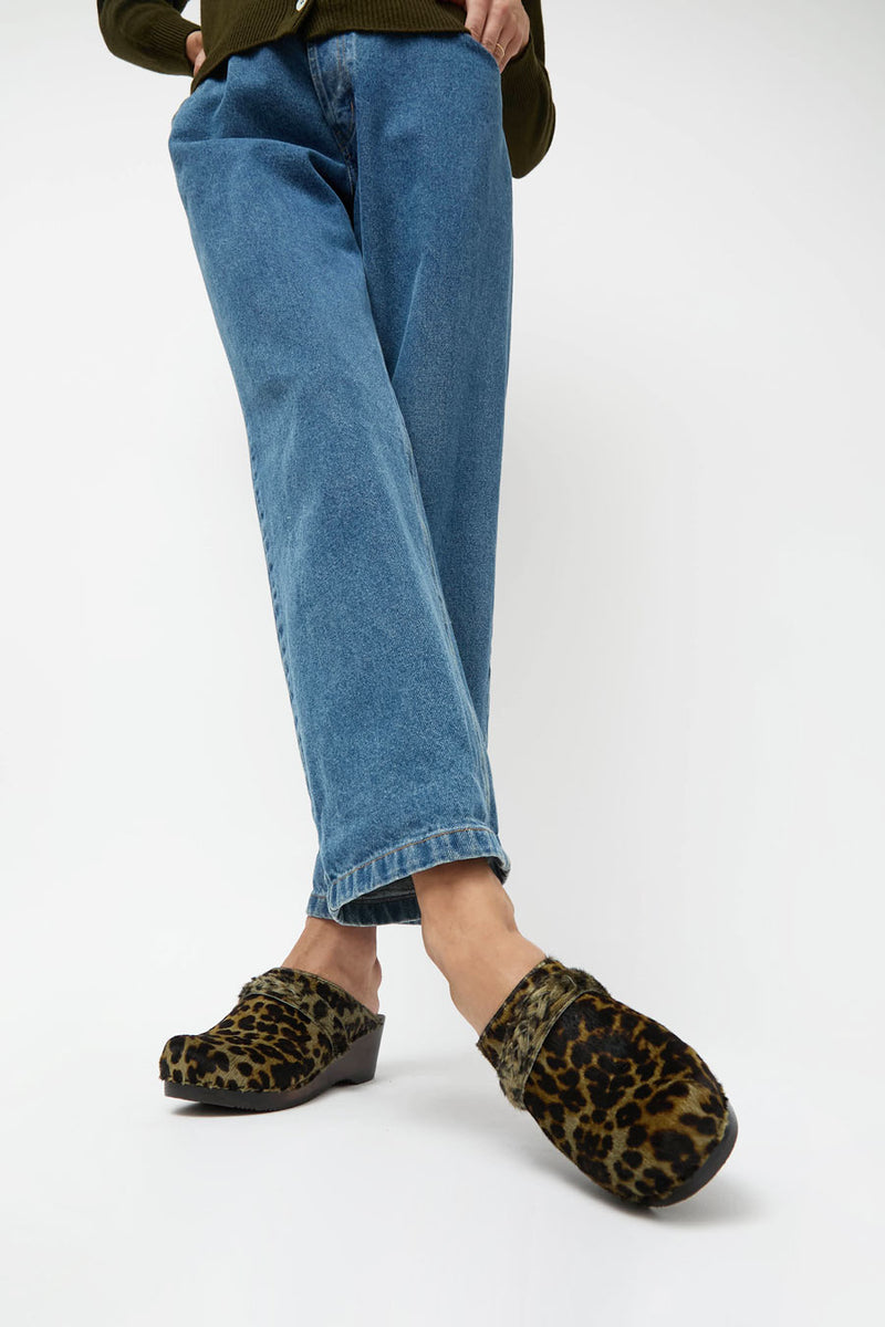 No.6 Bridget Clog on Mid Wedge in Leopard Pony on Cocoa Base