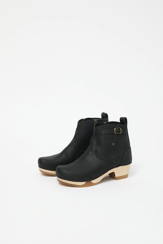 No.6 5" Leather Clog Buckle Boot on Mid Heel Bendable Base in Black