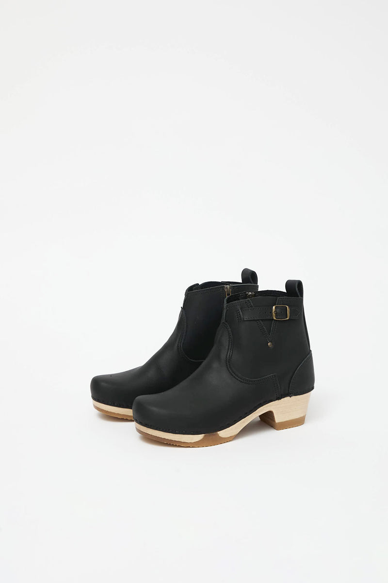 No.6 5" Leather Clog Buckle Boot on Mid Heel Bendable Base in Black