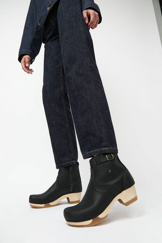 No.6 5" Leather Clog Buckle Boot on Mid Heel Bendable Base in Black