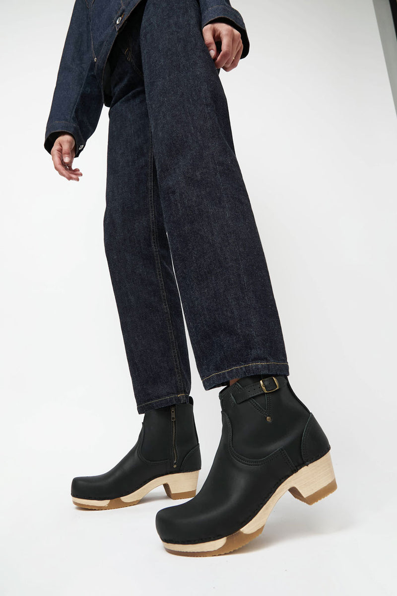 No.6 5" Leather Clog Buckle Boot on Mid Heel Bendable Base in Black