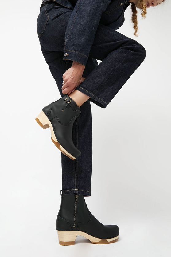 No.6 5" Leather Clog Buckle Boot on Mid Heel Bendable Base in Black