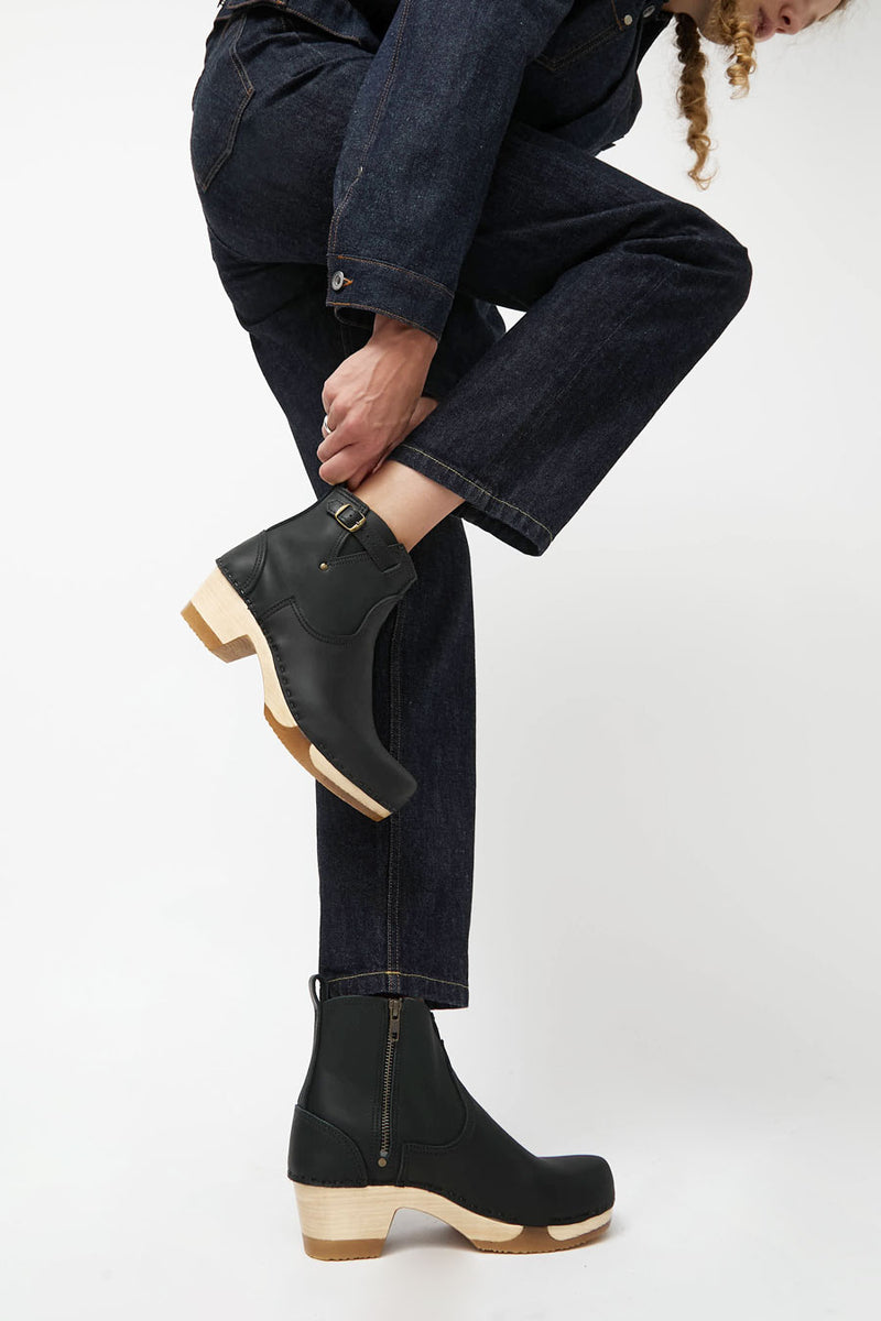 No.6 5" Leather Clog Buckle Boot on Mid Heel Bendable Base in Black