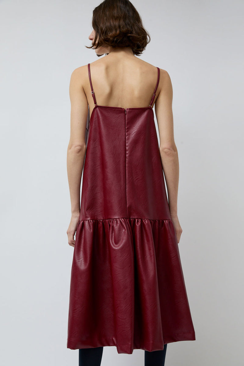 No.6 Cologne Ruffle Dress in Bordeaux Faux Leather