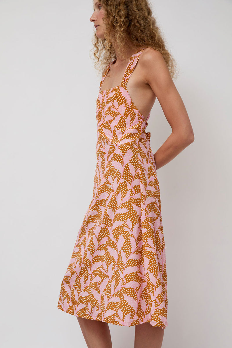 No.6 Criss Cross Dress in Tan and Pink Dotted Leaf