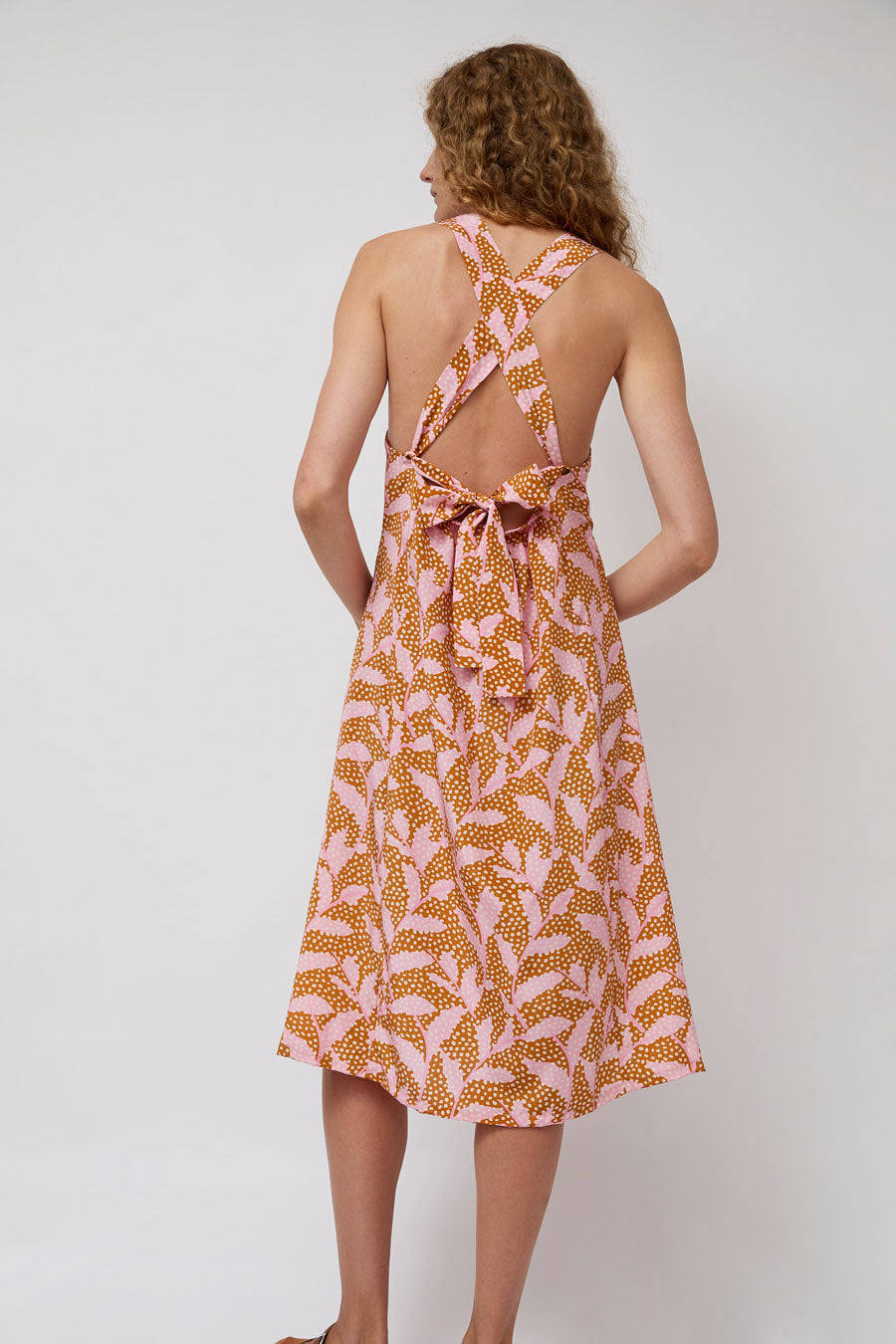 No.6 Criss Cross Dress in Tan and Pink Dotted Leaf