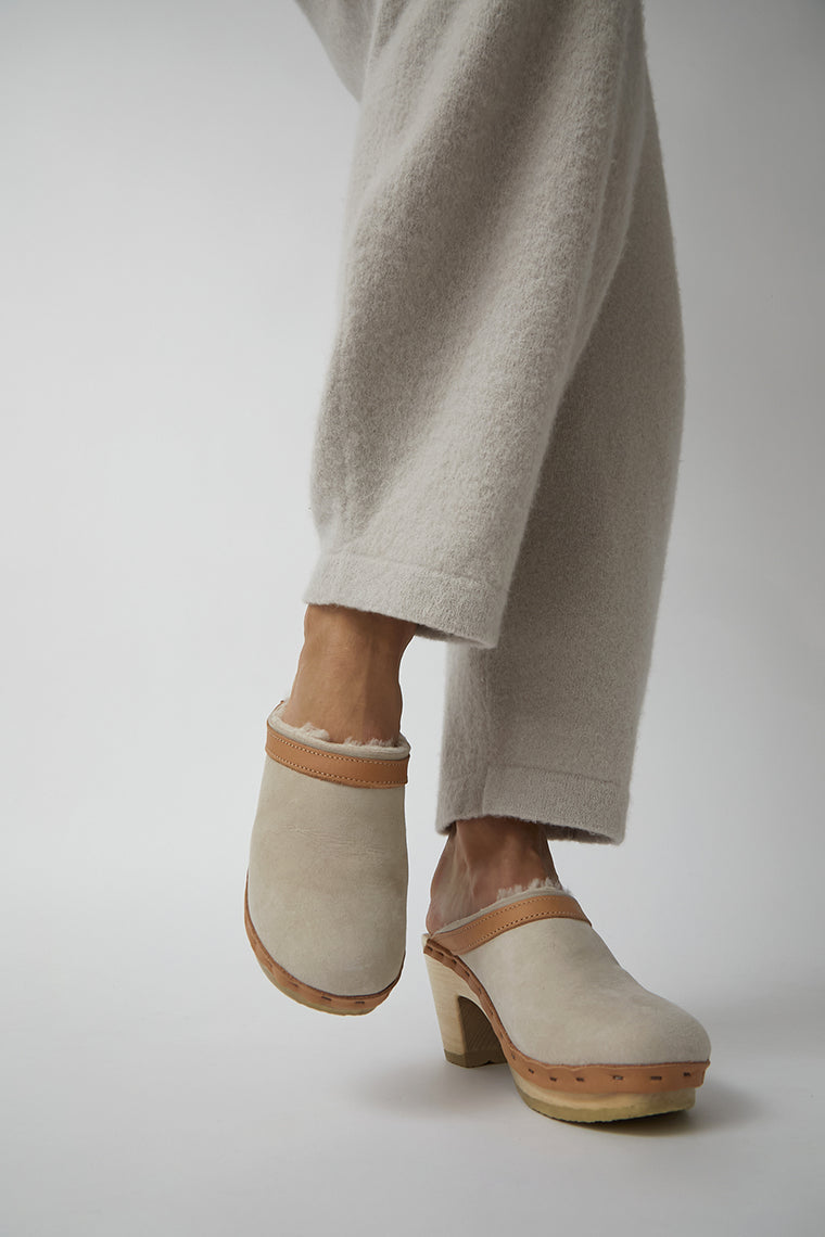 No.6 Dakota Shearling Clog on High Heel in Bone Suede and Desert