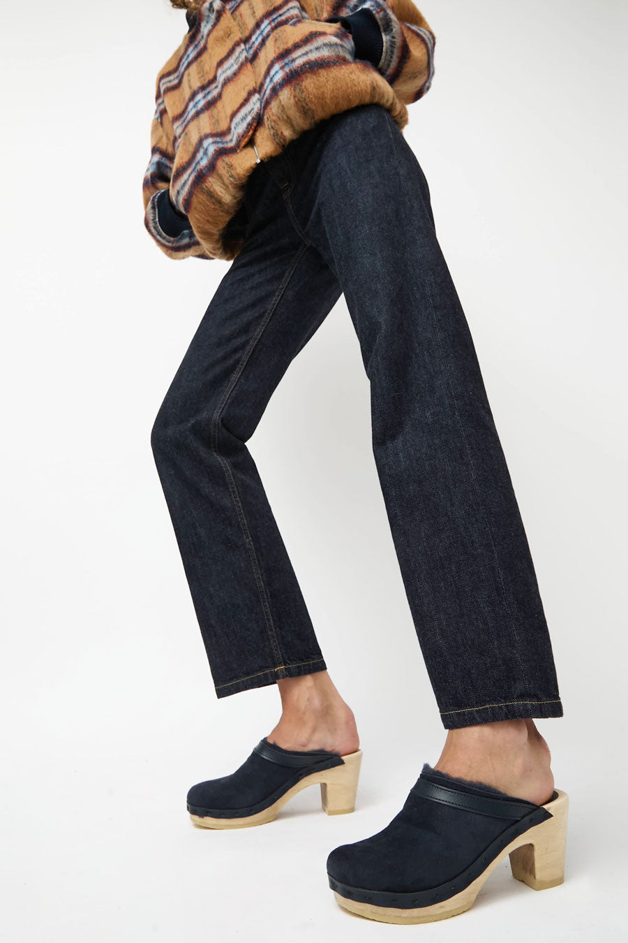 No.6 Dakota Shearling Clog on High Heel in Navy Suede and Night