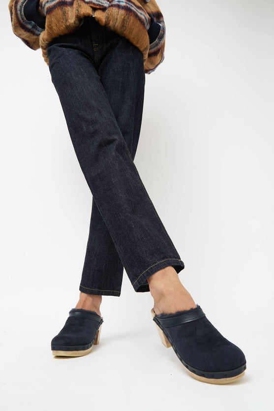 No.6 Dakota Shearling Clog on High Heel in Navy Suede and Night