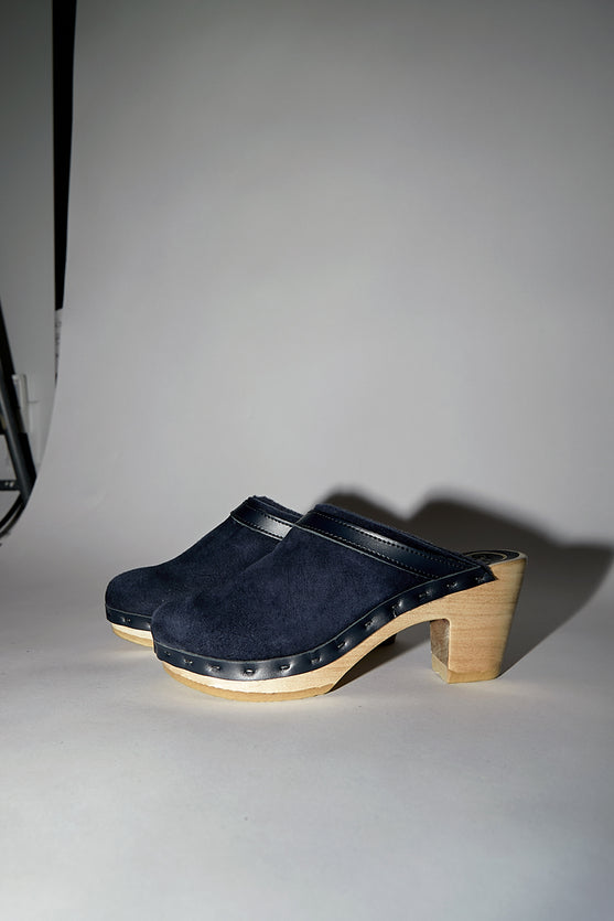 No.6 Dakota Shearling Clog on High Heel in Navy