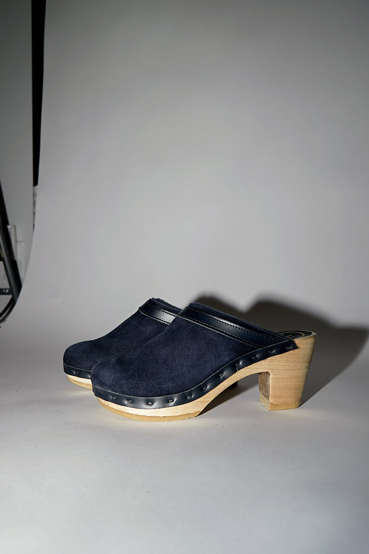 Image of No.6 Dakota Shearling Clog on High Heel in Navy Suede and Night