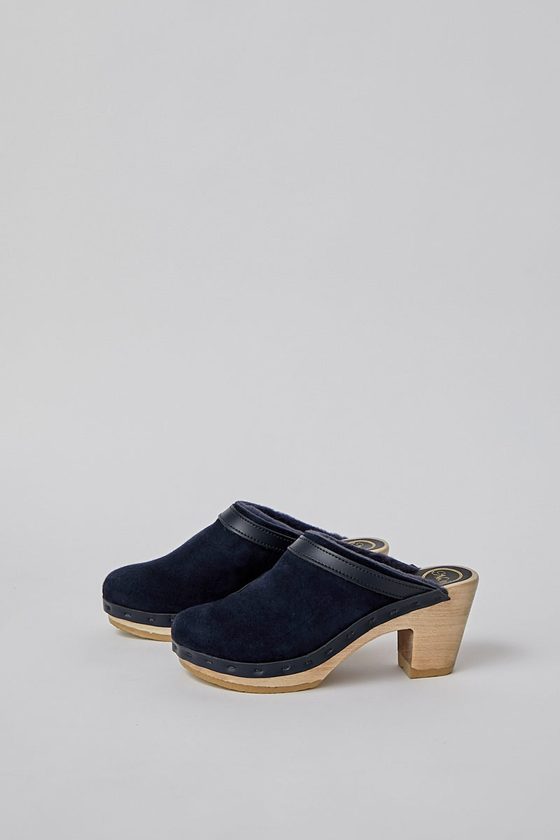 No.6 Dakota Shearling Clog on High Heel in Navy