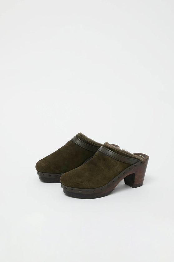 No.6 Dakota Shearling Clog on High Heel in Olive on Cocoa Base