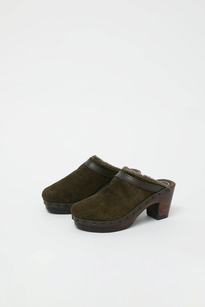 No.6 Dakota Shearling Clog on High Heel in Olive on Cocoa Base