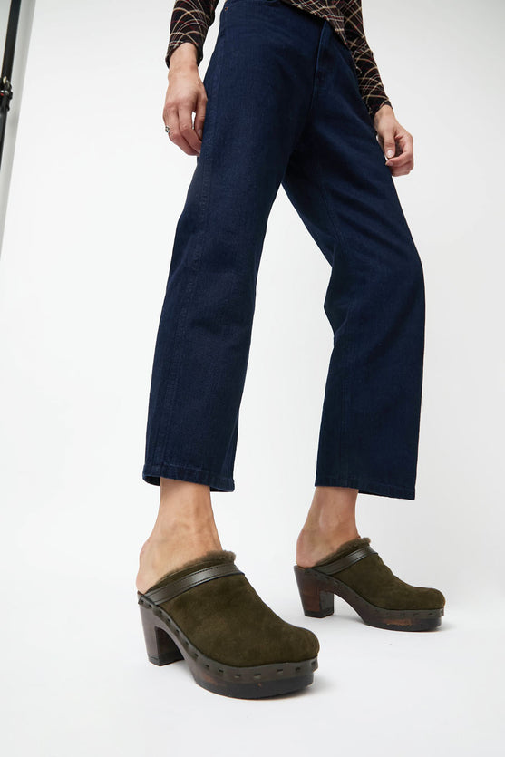 No.6 Dakota Shearling Clog on High Heel in Olive on Cocoa Base