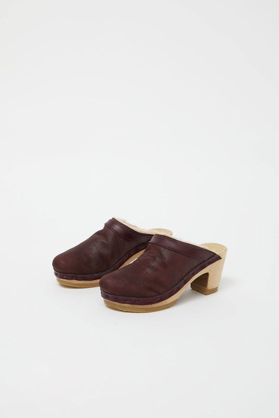No.6 Dakota Shearling Clog on High Heel in Spitfire and Maroon