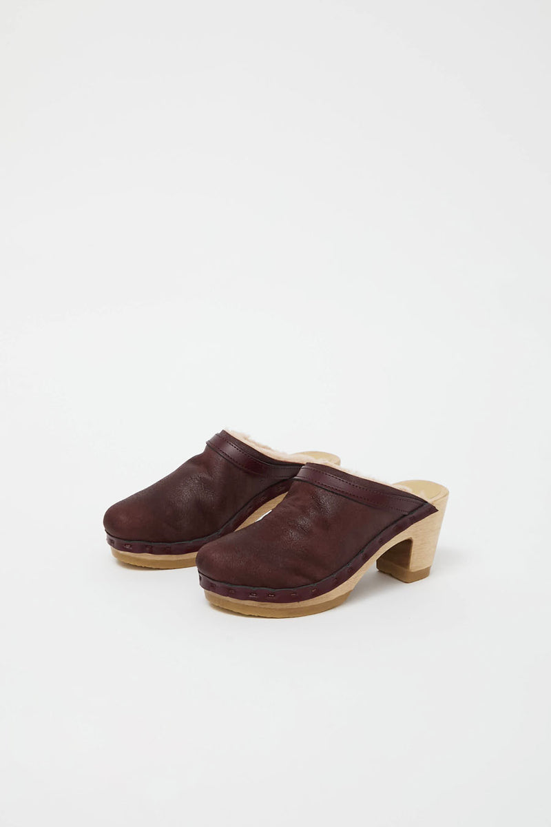 No.6 Dakota Shearling Clog on High Heel in Spitfire and Maroon