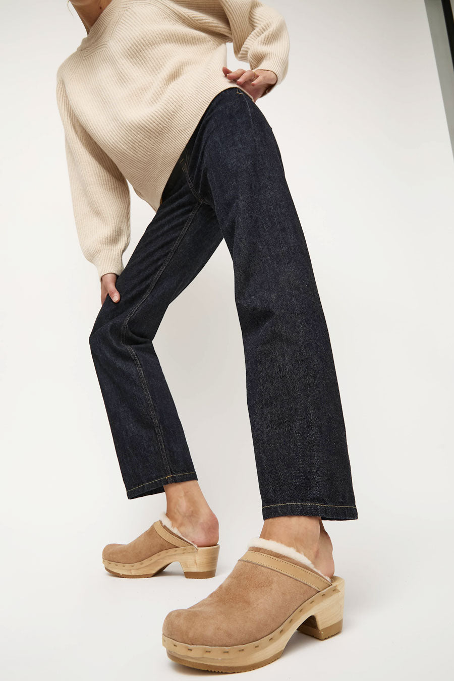 No.6 Dakota Shearling Clog on Mid Heel in Fawn Suede and Bone