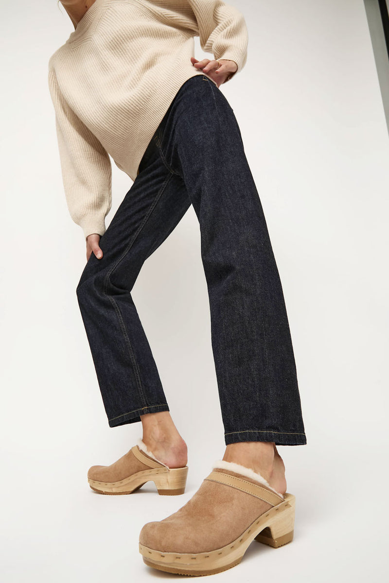No.6 Dakota Shearling Clog on Mid Heel in Fawn Suede and Bone