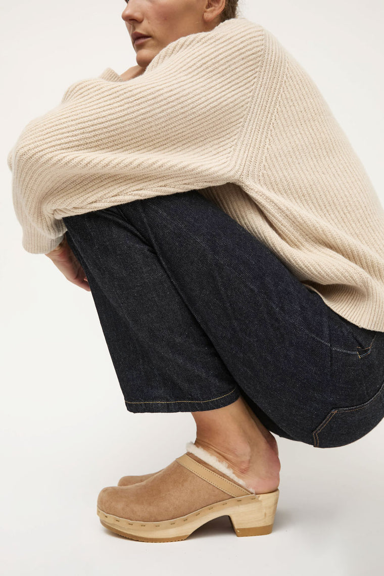 No.6 Dakota Shearling Clog on Mid Heel in Fawn Suede and Bone