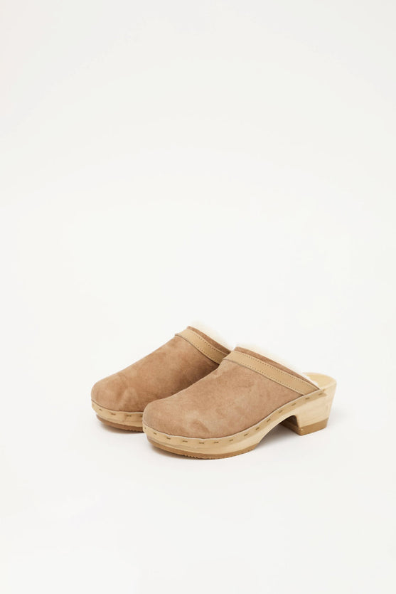 No.6 Dakota Shearling Clog on Mid Heel in Fawn Suede and Bone