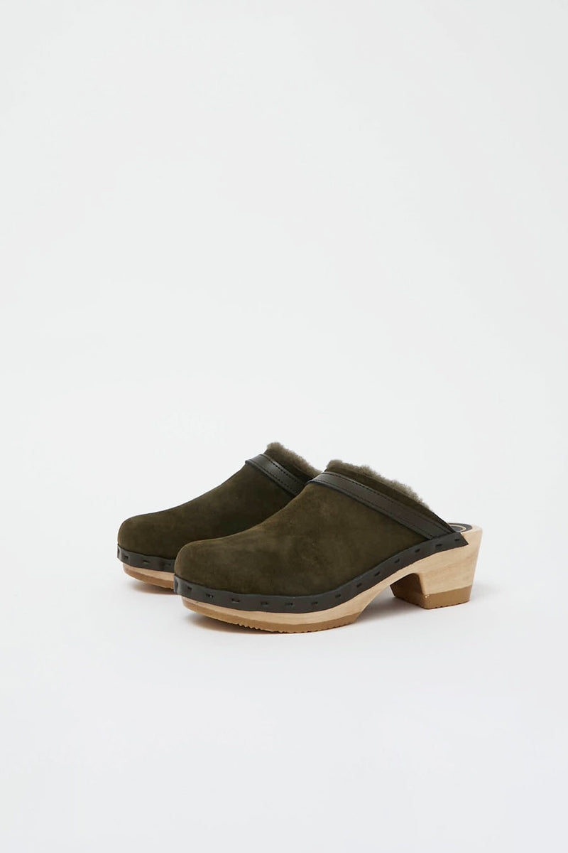 No.6 Dakota Shearling Clog on Mid Heel in Olive