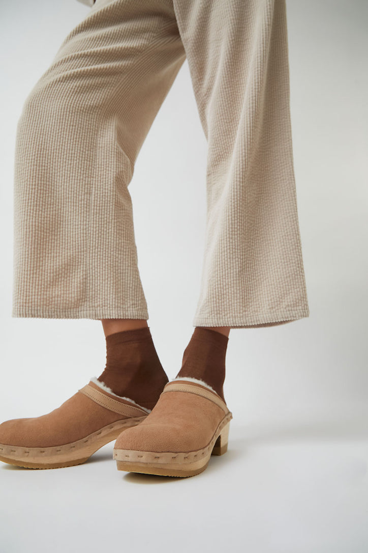 Image of No.6 Dakota Shearling Clog on Mid Heel in Fawn Suede and Bone