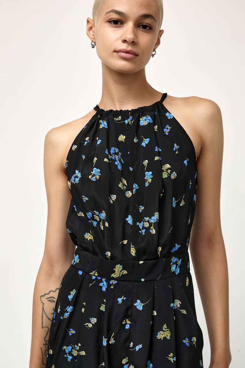 No.6 Keyhole Jumpsuit in Black with Blue Flowers