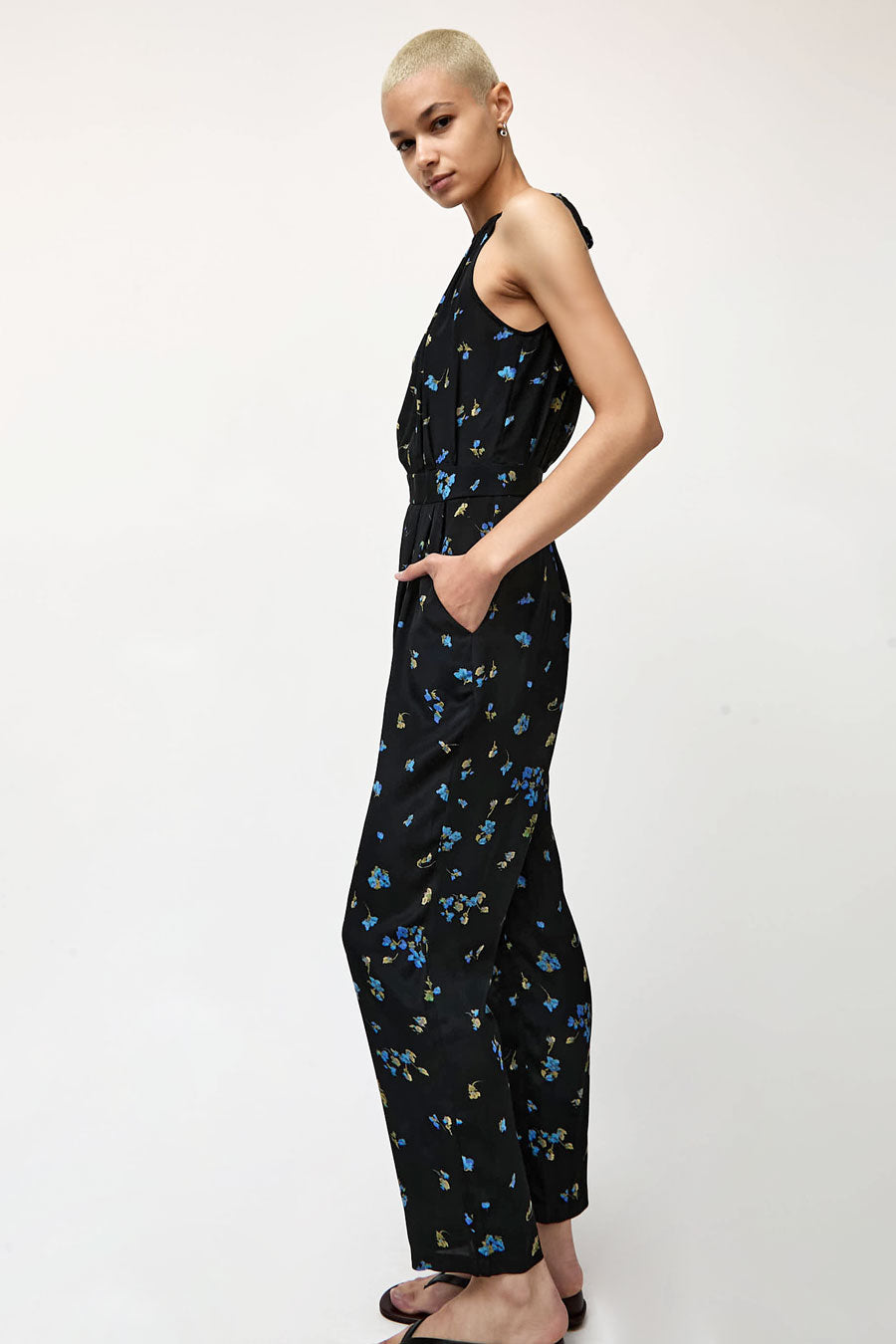 No.6 Keyhole Jumpsuit in Black with Blue Flowers